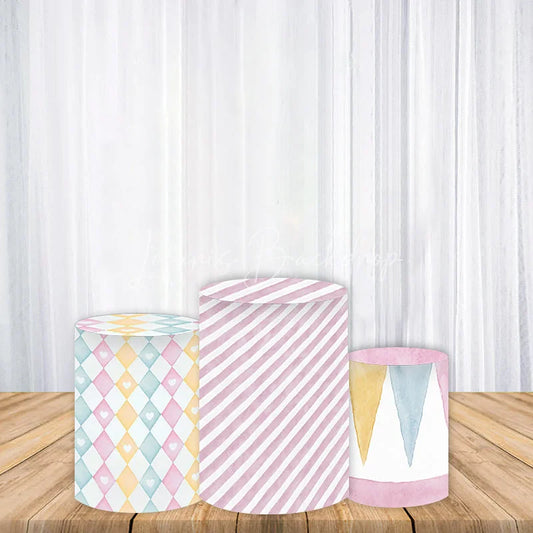 Lofaris Whimsical Pastel Harlequin Diamond Stripe and Bunting Flags Cylinder Cover Birthday Party Decor