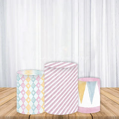 Lofaris Whimsical Pastel Harlequin Diamond Stripe and Bunting Flags Cylinder Cover Birthday Party Decor
