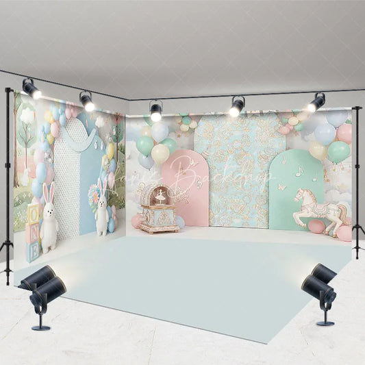 Lofaris Whimsical Pastel Musical Forest Room Set Backdrop featuring Bunnies Carousel Horse and Balloons for First Birthday