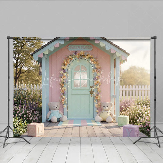 Lofaris Whimsical Pastel Playhouse Photography Backdrop Floral Arch Fairy Lights Magical Meadow Baby Shower or Kids Birthday