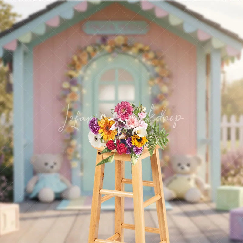 Lofaris Whimsical Pastel Playhouse Photography Backdrop Floral Arch Fairy Lights Magical Meadow Baby Shower or Kids Birthday