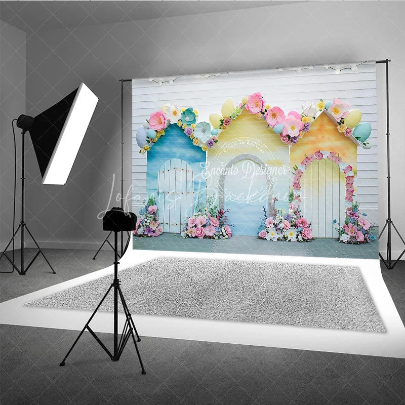 Lofaris Whimsical Pastel Spring Floral House Photography Backdrop with Easter Eggs for Baby Shower and Kids Birthday Party