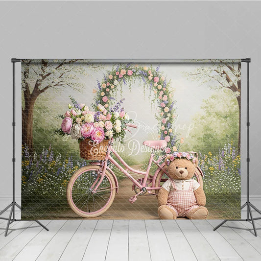 Lofaris Whimsical Pink Bicycle and Floral Arch Photography Backdrop Spring Garden Teddy Bear Baby Shower Decor