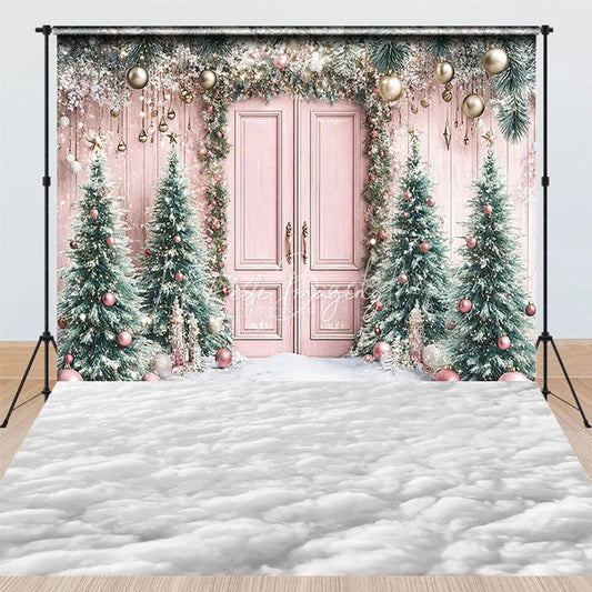 Lofaris Whimsical Pink Christmas Door Combo Set Backdrop Snowy Scene with Trees Holiday Photo Cloud Floor