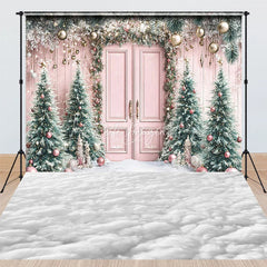 Lofaris Whimsical Pink Christmas Door Combo Set Backdrop Snowy Scene with Trees Holiday Photo Cloud Floor