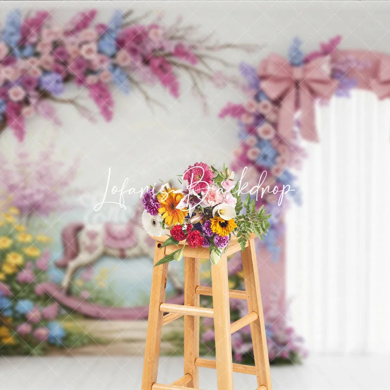 Lofaris Whimsical Pink Floral Arch Rocking Horse Photography Backdrop Pastel Garden Baby Shower Birthday Party Decor