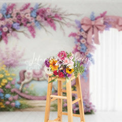 Lofaris Whimsical Pink Floral Arch Rocking Horse Photography Backdrop Pastel Garden Baby Shower Birthday Party Decor
