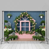 Lofaris Whimsical Pink Playhouse Window Backdrop House Shaped Frame with Roses Kids Spring Garden Photography Prop