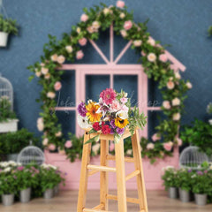 Lofaris Whimsical Pink Playhouse Window Backdrop House Shaped Frame with Roses Kids Spring Garden Photography Prop