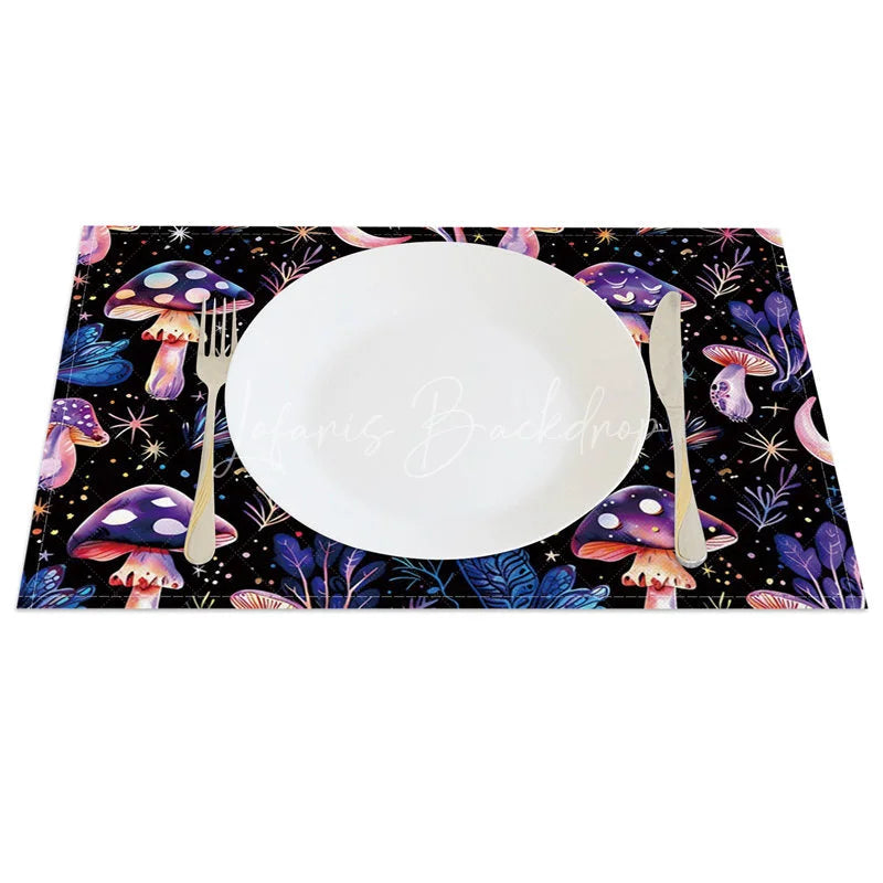 Lofaris Whimsical Purple and Pink Mushroom Star Set of 4 Placemats for Magical Fantasy Themed Decor