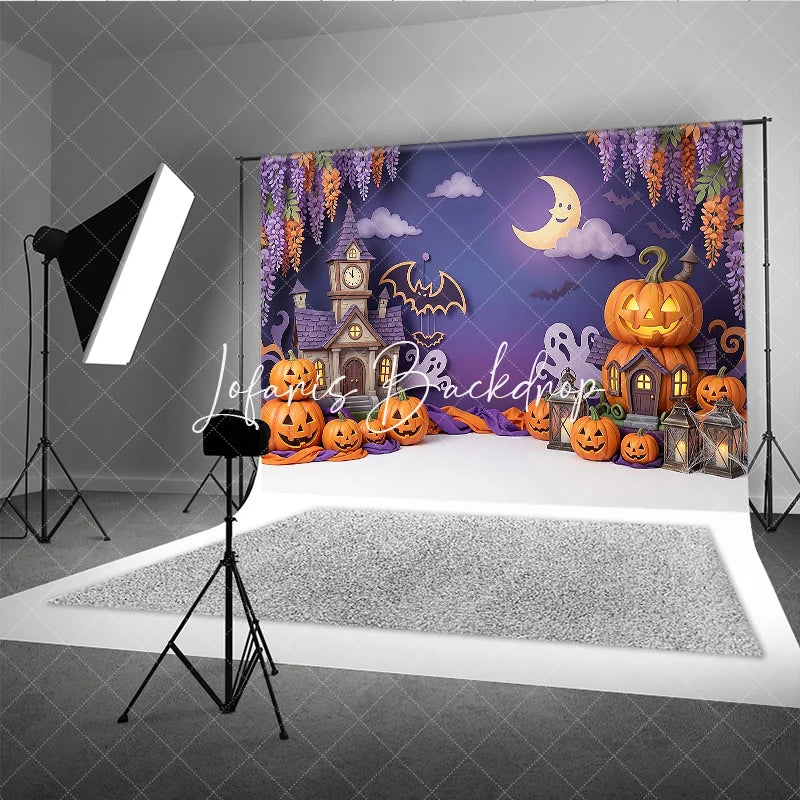 Lofaris Whimsical Purple Halloween Haunted House Photography Backdrop featuring Jack-o-Lanterns Ghosts and Bats