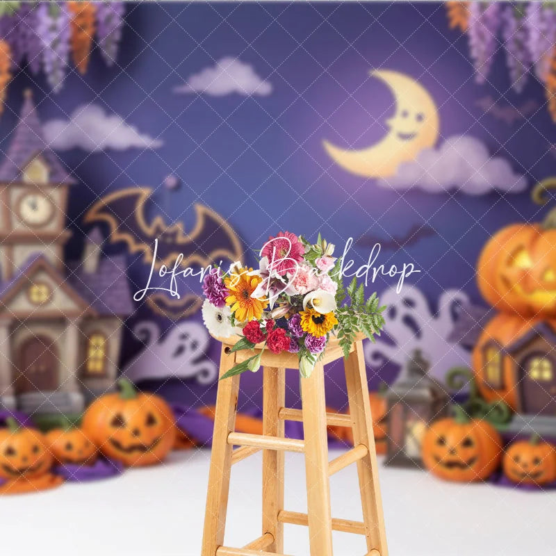 Lofaris Whimsical Purple Halloween Haunted House Photography Backdrop featuring Jack-o-Lanterns Ghosts and Bats