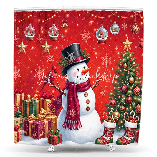 Lofaris Whimsical Red Christmas Snowman and Cardinal Bird Shower Curtain Winter Holiday Decor with Gifts Decorated Tree