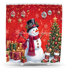Lofaris Whimsical Red Christmas Snowman and Cardinal Bird Shower Curtain Winter Holiday Decor with Gifts Decorated Tree