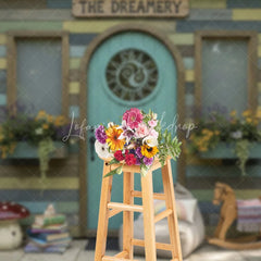 Lofaris Whimsical Rustic Wooden Playhouse Photography Backdrop with Arched Teal Door and Sun Carving Fairy Tale Garden Scene