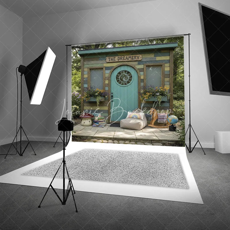 Lofaris Whimsical Rustic Wooden Playhouse Photography Backdrop with Arched Teal Door and Sun Carving Fairy Tale Garden Scene