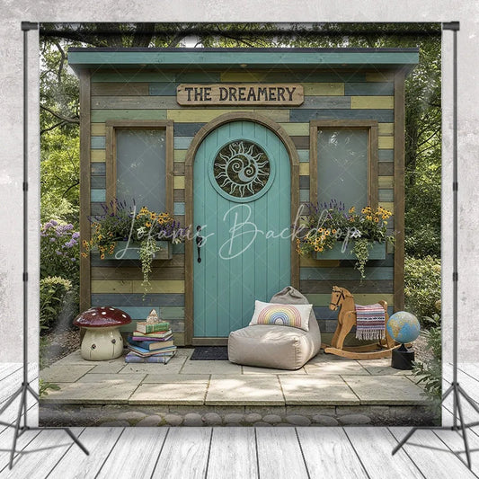 Lofaris Whimsical Rustic Wooden Playhouse Photography Backdrop with Arched Teal Door and Sun Carving Fairy Tale Garden Scene