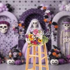 Lofaris Whimsical Skeleton Bride and Groom Photography Backdrop Purple Orange Black Balloons Floral Decor
