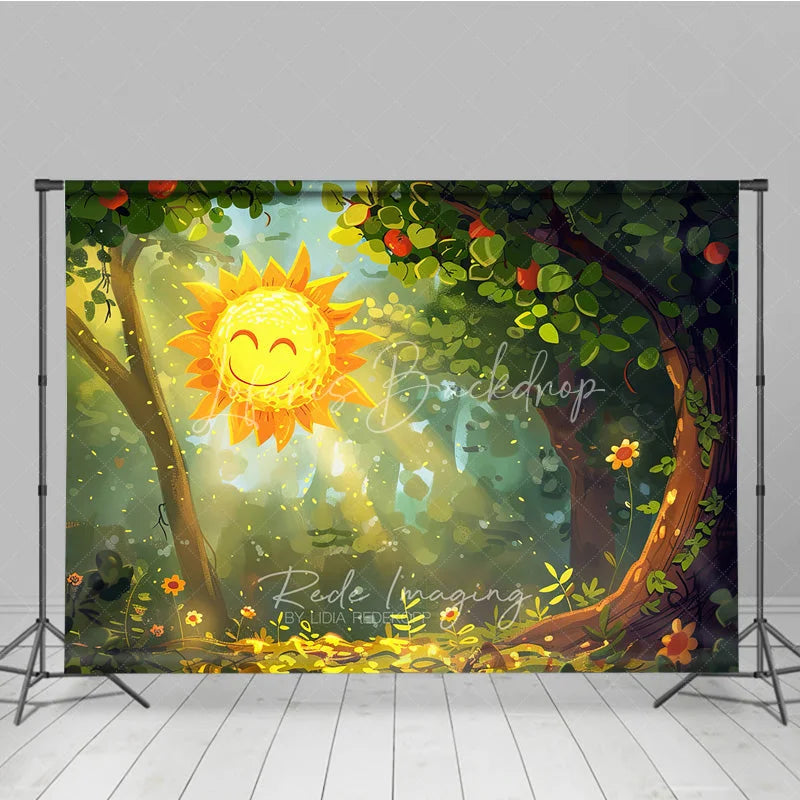 Lofaris Whimsical Smiling Sun Forest Photography Backdrop Golden Light and Green Trees Cheerful Spring Summer Party Decor