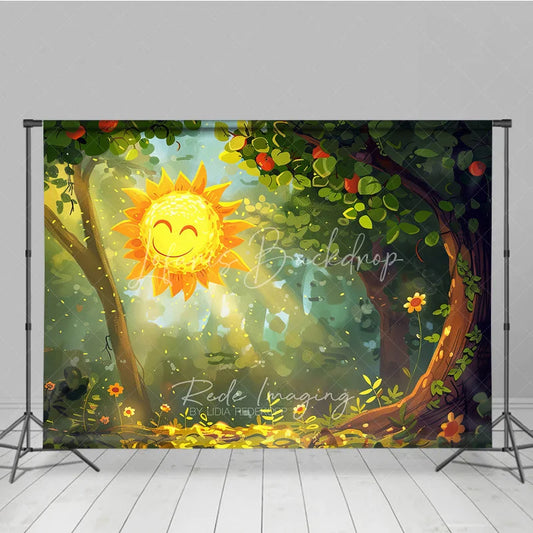 Lofaris Whimsical Smiling Sun Forest Photography Backdrop Golden Light and Green Trees Cheerful Spring Summer Party Decor