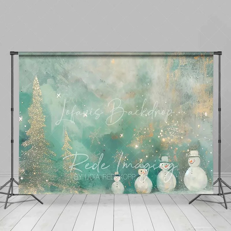 Lofaris Whimsical Snowman Backdrop Artistic Gold Glitter Christmas Trees Abstract Winter Painting Background