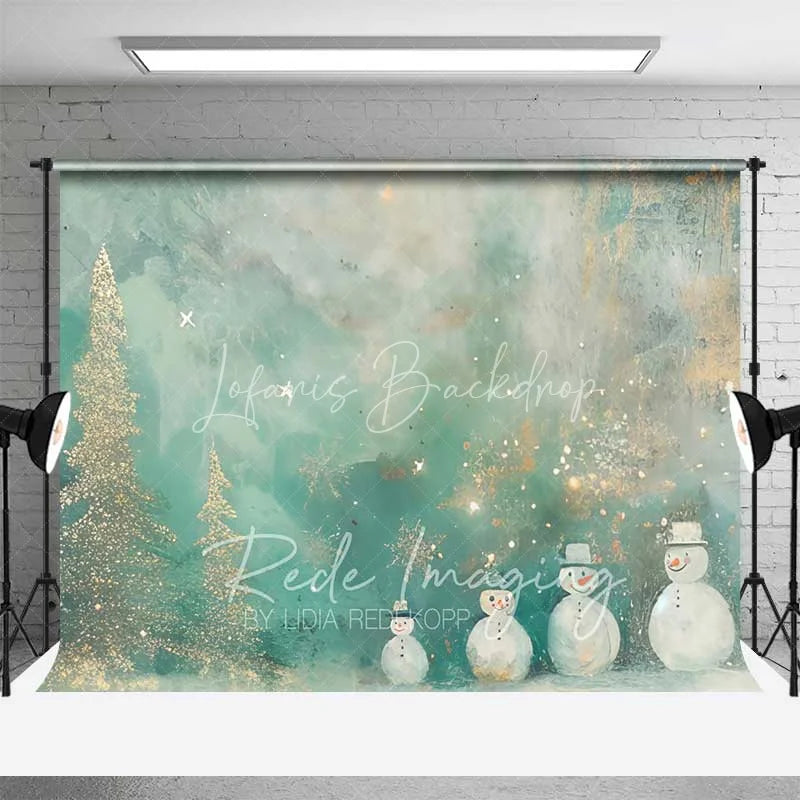 Lofaris Whimsical Snowman Backdrop Artistic Gold Glitter Christmas Trees Abstract Winter Painting Background