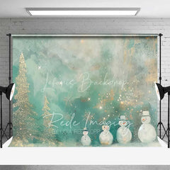 Lofaris Whimsical Snowman Backdrop Artistic Gold Glitter Christmas Trees Abstract Winter Painting Background