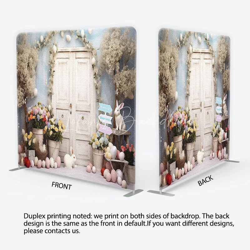 Lofaris Whimsical Spring Easter Square Double-Sided Backdrop featuring White Doors Cute Bunnies and Pastel Eggs