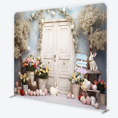 Lofaris Whimsical Spring Easter Square Double-Sided Backdrop featuring White Doors Cute Bunnies and Pastel Eggs