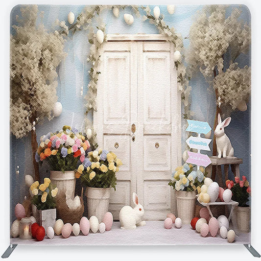Lofaris Whimsical Spring Easter Square Double-Sided Backdrop featuring White Doors Cute Bunnies and Pastel Eggs