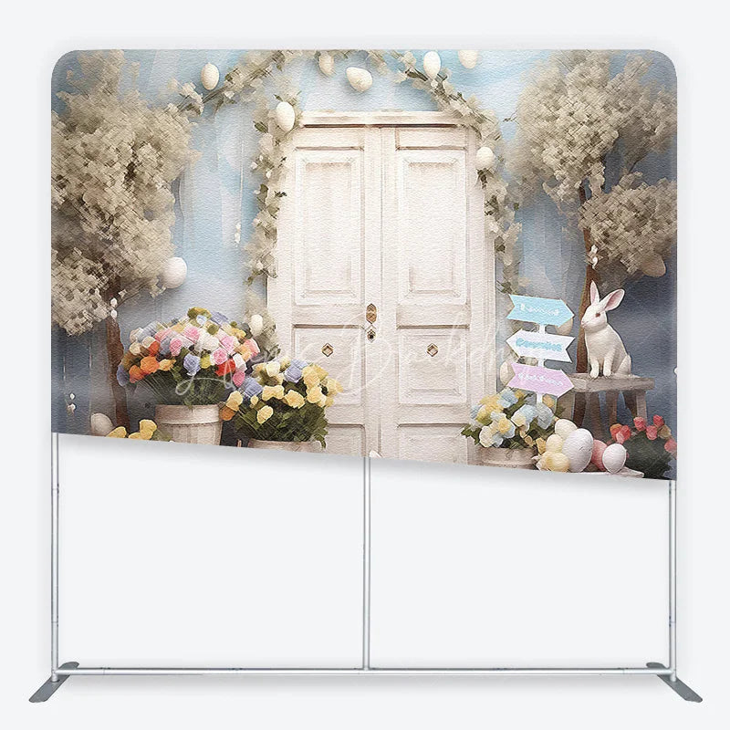 Lofaris Whimsical Spring Easter Square Double-Sided Backdrop featuring White Doors Cute Bunnies and Pastel Eggs