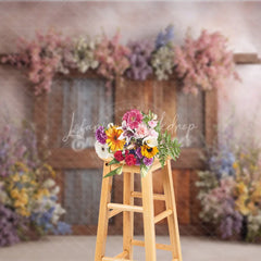 Lofaris Whimsical Spring Floral Door Photography Backdrop Rustic Wood Doors Fine Art Painterly Photo Background