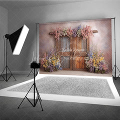 Lofaris Whimsical Spring Floral Door Photography Backdrop Rustic Wood Doors Fine Art Painterly Photo Background