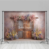 Lofaris Whimsical Spring Floral Door Photography Backdrop Rustic Wood Doors Fine Art Painterly Photo Background