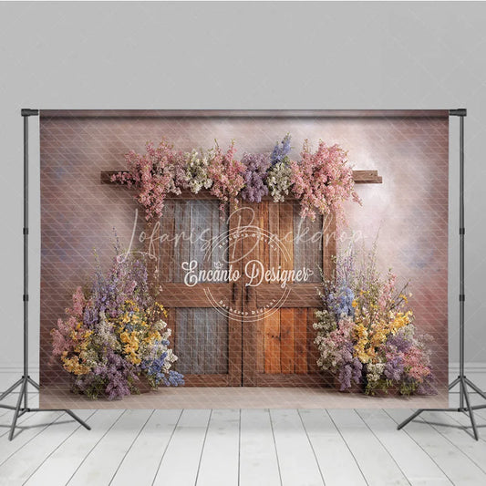 Lofaris Whimsical Spring Floral Door Photography Backdrop Rustic Wood Doors Fine Art Painterly Photo Background