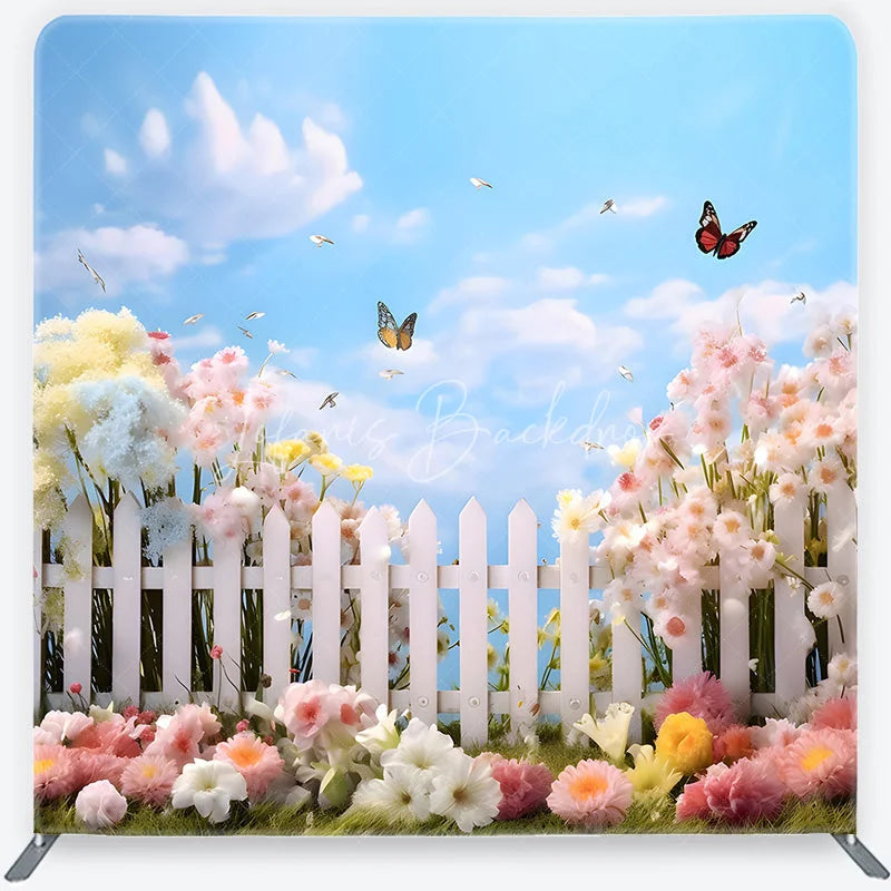 Lofaris Whimsical Spring Garden Square Double-Sided Backdrop with White Picket Fence Colorful Flowers and Butterflies