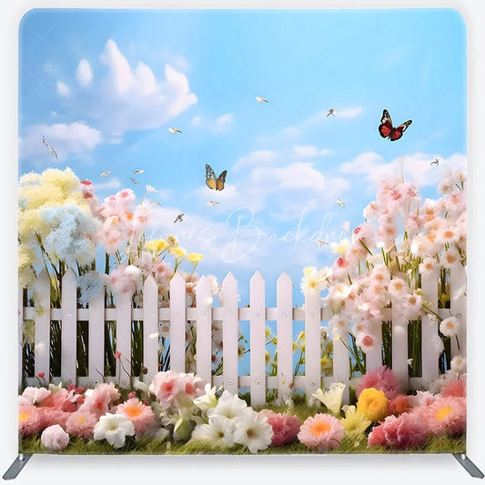 Lofaris Whimsical Spring Garden Square Double-Sided Backdrop with White Picket Fence Colorful Flowers and Butterflies
