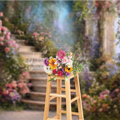 Lofaris Whimsical Stone Staircase Photography Backdrop with Pink Roses and Lush Purple Flowers Enchanting Garden Scene