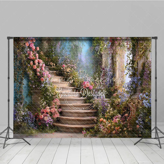 Lofaris Whimsical Stone Staircase Photography Backdrop with Pink Roses and Lush Purple Flowers Enchanting Garden Scene