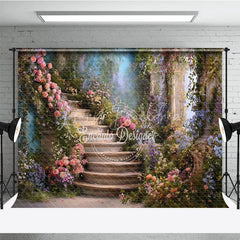 Lofaris Whimsical Stone Staircase Photography Backdrop with Pink Roses and Lush Purple Flowers Enchanting Garden Scene