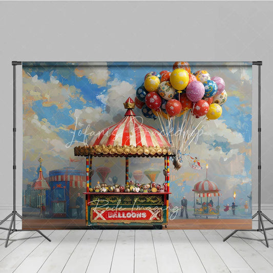 Lofaris Whimsical Vintage Carnival Balloon Vendor Photography Backdrop Festive Fairground Party Decor for Kids