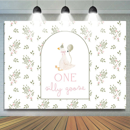 Lofaris Whimsical White Goose and Floral ONE Silly 1st Birthday Backdrop Delicate Green Leaves Pink Flowers Decor