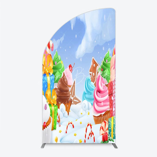 Lofaris Whimsical Winter Candy Land Half Moon Arch Backdrop with Cupcakes Gingerbread and Canes for Holiday Party Decor