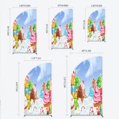 Lofaris Whimsical Winter Candy Land Half Moon Arch Backdrop with Cupcakes Gingerbread and Canes for Holiday Party Decor