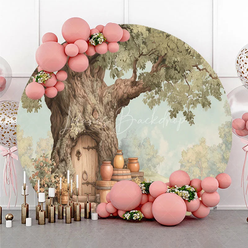 Lofaris Whimsical Woodland Enchanted Tree House Door Round Backdrop Rustic Forest Fairy Tale Birthday Party Decor