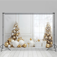Lofaris White and Gold Christmas Photography Backdrop All Room with Elegant Trees Modern Holiday Photo Background