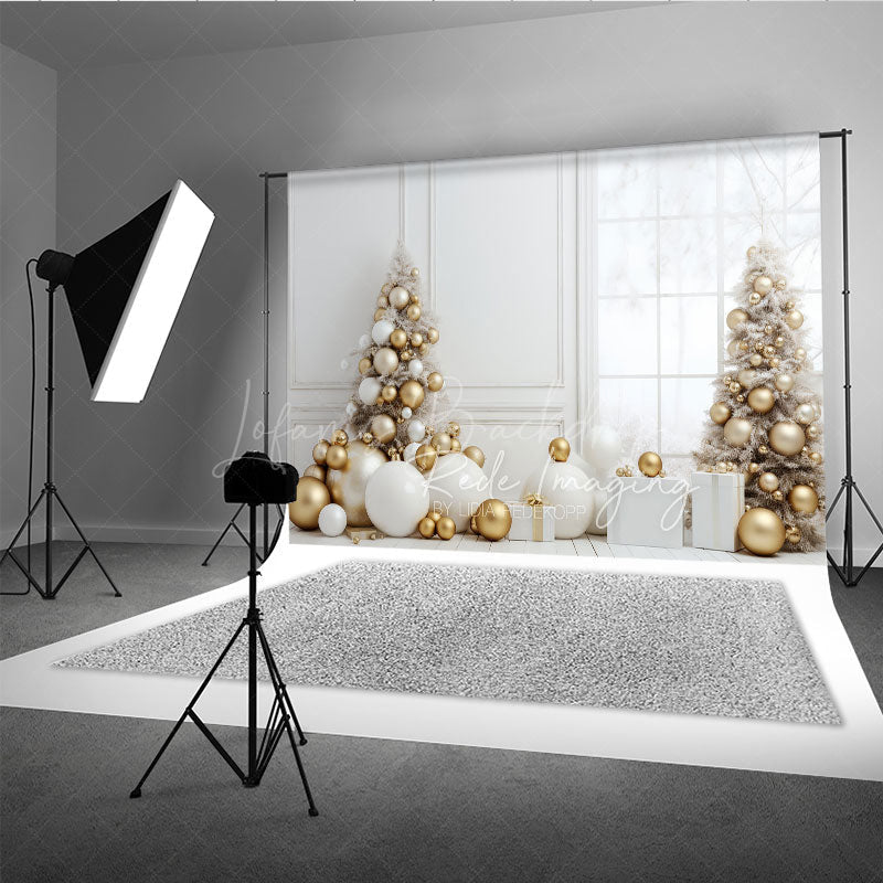 Lofaris White and Gold Christmas Photography Backdrop All Room with Elegant Trees Modern Holiday Photo Background