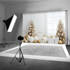 Lofaris White and Gold Christmas Photography Backdrop All Room with Elegant Trees Modern Holiday Photo Background