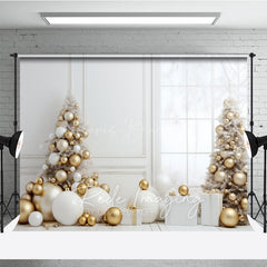 Lofaris White and Gold Christmas Photography Backdrop All Room with Elegant Trees Modern Holiday Photo Background