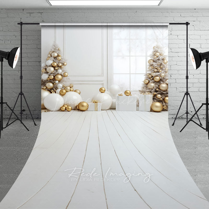 Lofaris White and Gold Christmas Room Sweep Backdrop All Elegant Trees Modern Holiday Photo Studio Floor Drop